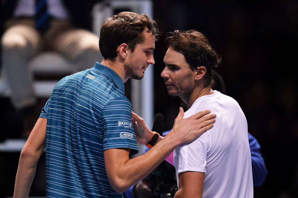 LONDON, ENGLAND - NOVEMBER 13: Rafael Nadal of Spain and Daniil Medvedev of Russia embrace at the net after their singles match during Day Four of the Nitto ATP Finals at The O2 Arena on November 13, 2019 in London, England. (Photo by Justin Setterfield/Getty Images)