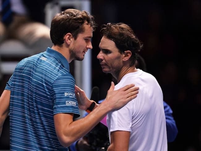 LONDON, ENGLAND - NOVEMBER 13: Rafael Nadal of Spain and Daniil Medvedev of Russia embrace at the net after their singles match during Day Four of the Nitto ATP Finals at The O2 Arena on November 13, 2019 in London, England. (Photo by Justin Setterfield/Getty Images)