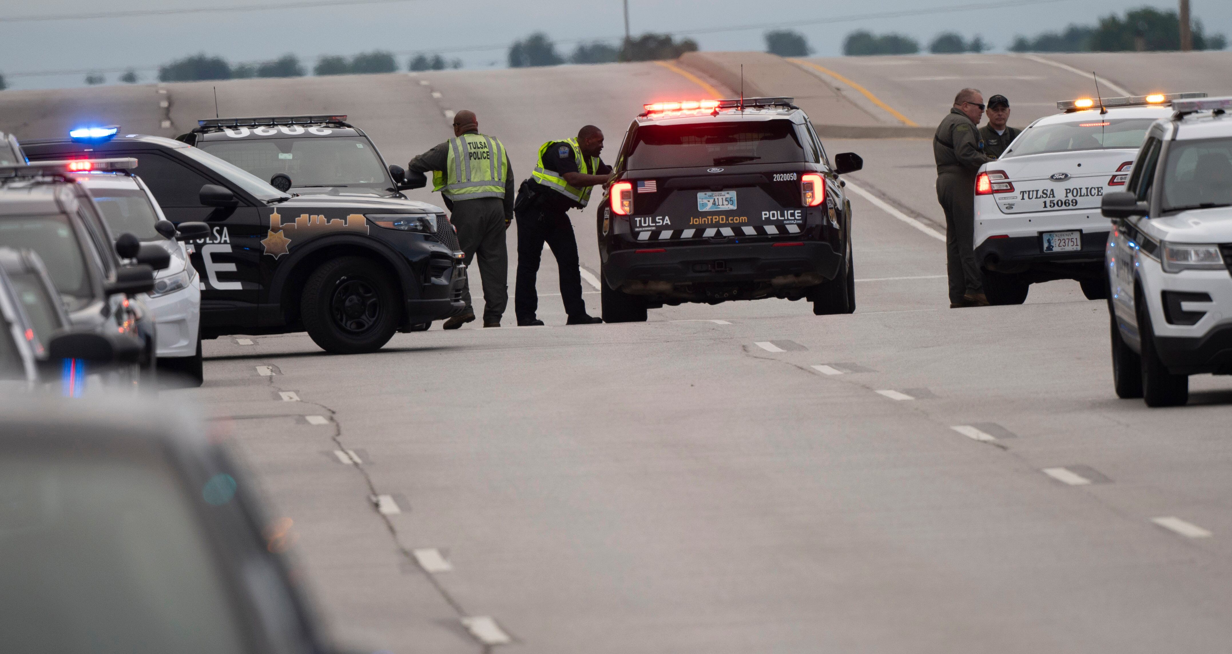 TULSA, OKLAHOMA - JUNE 01:  Police respond to the scene of a mass shooting at St. Francis Hospital on June 1, 2022 in Tulsa, Oklahoma. At least four people were killed in a shooting rampage at the Natalie Medical Building on the hospital's campus, according to published reports. The shooter is also dead from a self-inflicted gunshot wound, according to police.  (Photo by J Pat Carter/Getty Images)