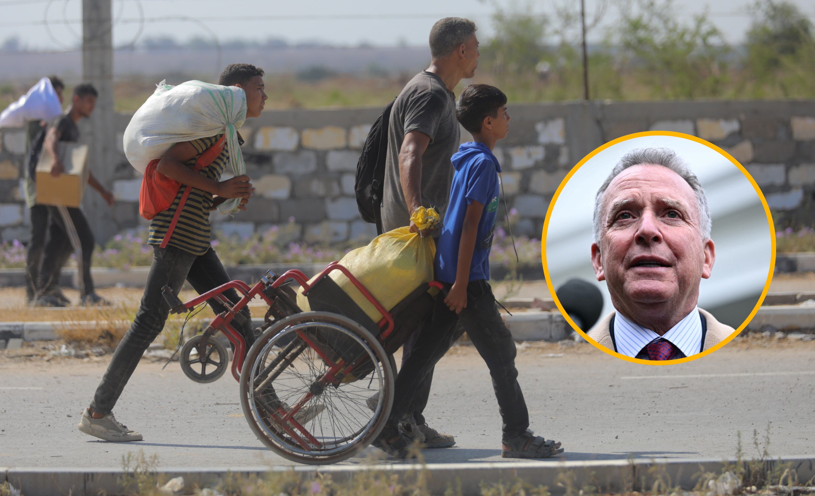 Steve Witkoff y referencia de menor cerca de reparto de comida en Gaza. Foto: Hassan Jedi/Anadolu y MANDEL NGAN/AFP via Getty Images. 