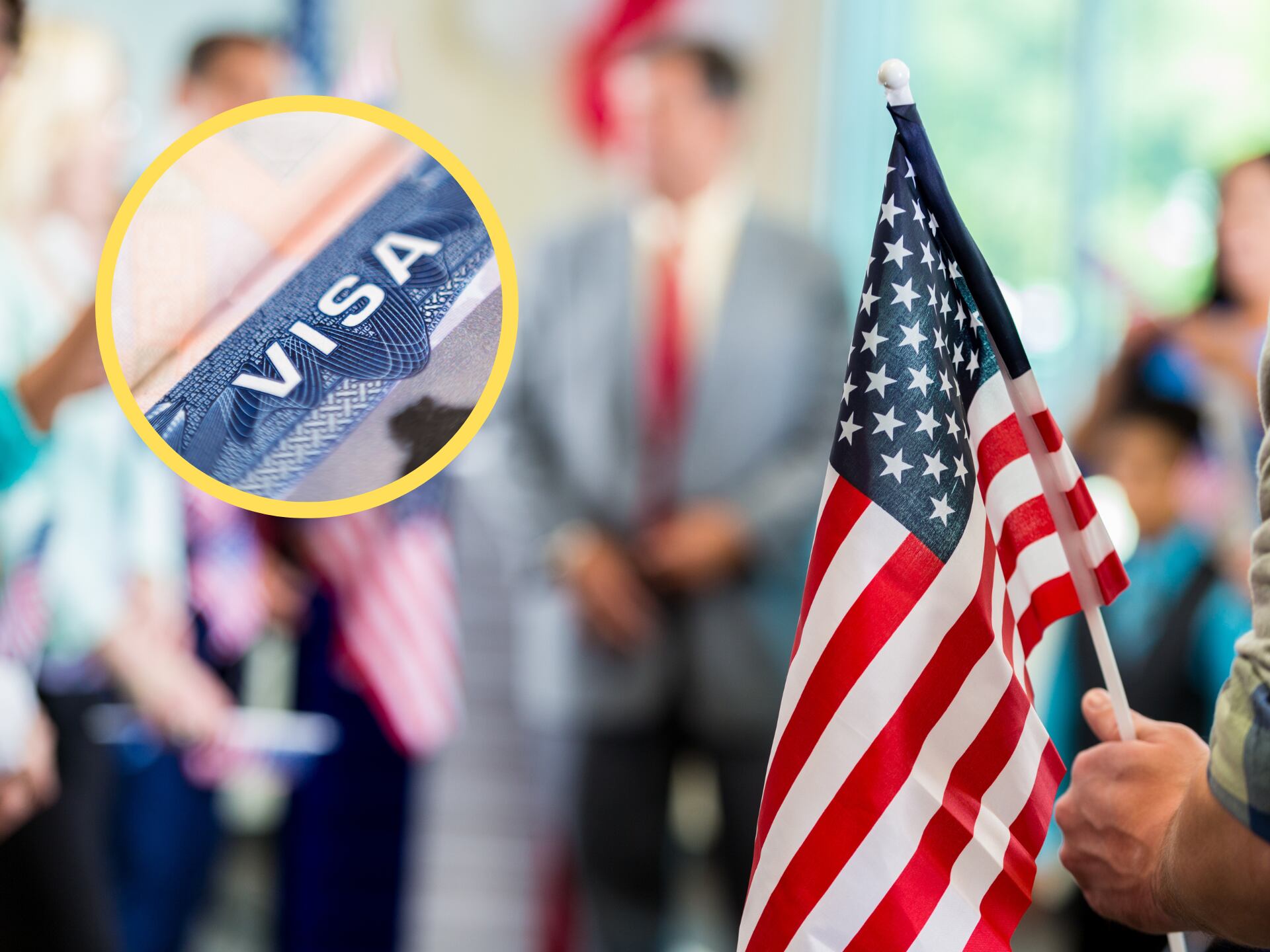 Persona con bandera de Estados Unidos. En el círculo, visa americana (GettyImages)