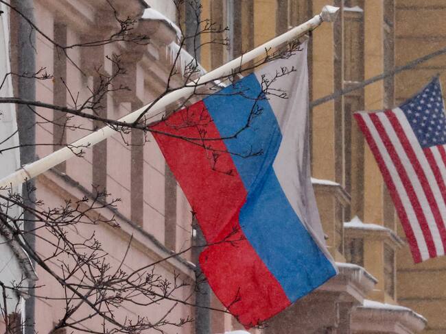 MOSCOW, RUSSIA - JANUARY 21, 2022: National flags flown outside the US Embassy on Novinsky Boulevard on the day Russia's Foreign Minister Sergei Lavrov and US Secretary of State Antony Blinken are scheduled to meet for security talks in Geneva. Vladimir Gerdo/TASS (Photo by Vladimir Gerdo\TASS via Getty Images)