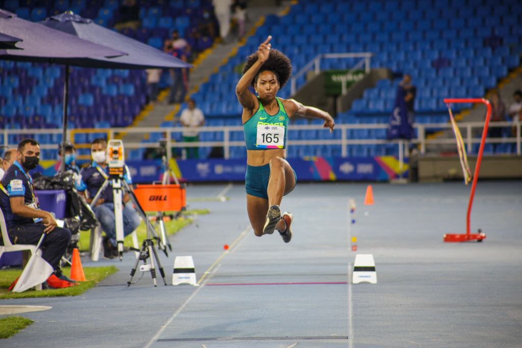 Paloma Dias Cardoso of Brazil's athletism team participates at triple jump during the 2021 Junior Pan American Sport Games in Cali, Valle del Cauca, Colombia on December, 3 2021. (Photo by: Mauricio Romero/Long Visual Press/Universal Images Group via Getty Images)