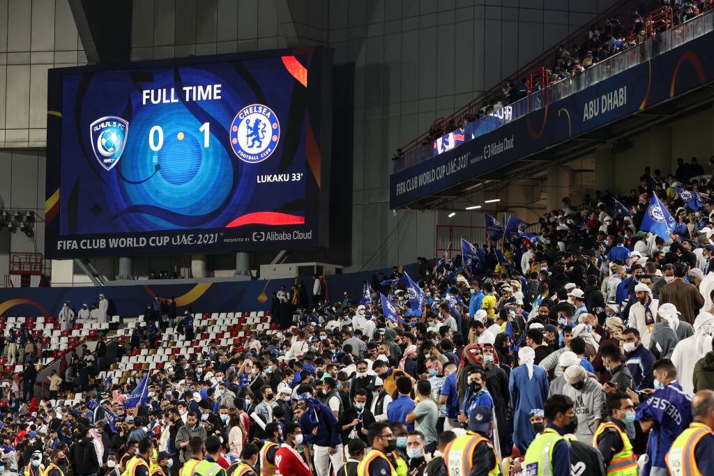ABU DHABI, UNITED ARAB EMIRATES - FEBRUARY 09: An LED scoreboard shows the final score at full time during the FIFA Club World Cup UAE 2021 Semi Final match between Al Hilal and Chelsea FC at Mohammed Bin Zayed Stadium on February 9, 2022 in Abu Dhabi, United Arab Emirates. (Photo by Matthew Ashton - AMA/Getty Images)