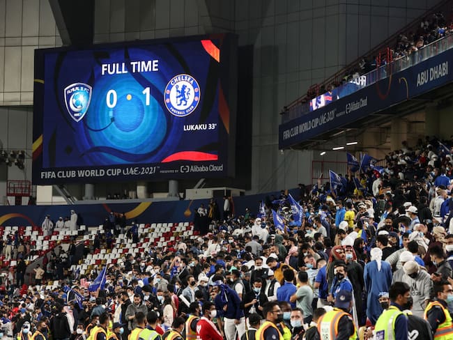 ABU DHABI, UNITED ARAB EMIRATES - FEBRUARY 09: An LED scoreboard shows the final score at full time during the FIFA Club World Cup UAE 2021 Semi Final match between Al Hilal and Chelsea FC at Mohammed Bin Zayed Stadium on February 9, 2022 in Abu Dhabi, United Arab Emirates. (Photo by Matthew Ashton - AMA/Getty Images)
