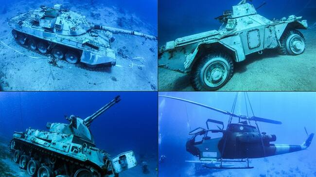 El espacio de buceo del museo militar submarino incluye varios tanques, una ambulancia y una grúa militar.. Foto: Agencia AFP