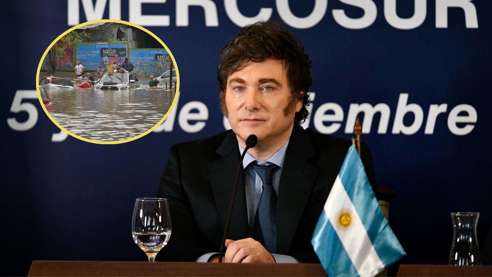 Javier Milei. FOTO: Santiago Mazzarovich/picture alliance via Getty Images - Inundaciones Bahia Blanca. FOTO: PABLO PRESTI/AFP via Getty Images.