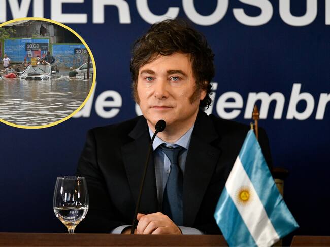 Javier Milei. FOTO: Santiago Mazzarovich/picture alliance via Getty Images - Inundaciones Bahia Blanca. FOTO: PABLO PRESTI/AFP via Getty Images.