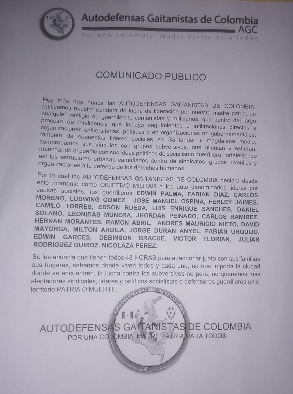 Amenazan con panfletos a activistas ambientales y líderes sociales en Barrancabermeja