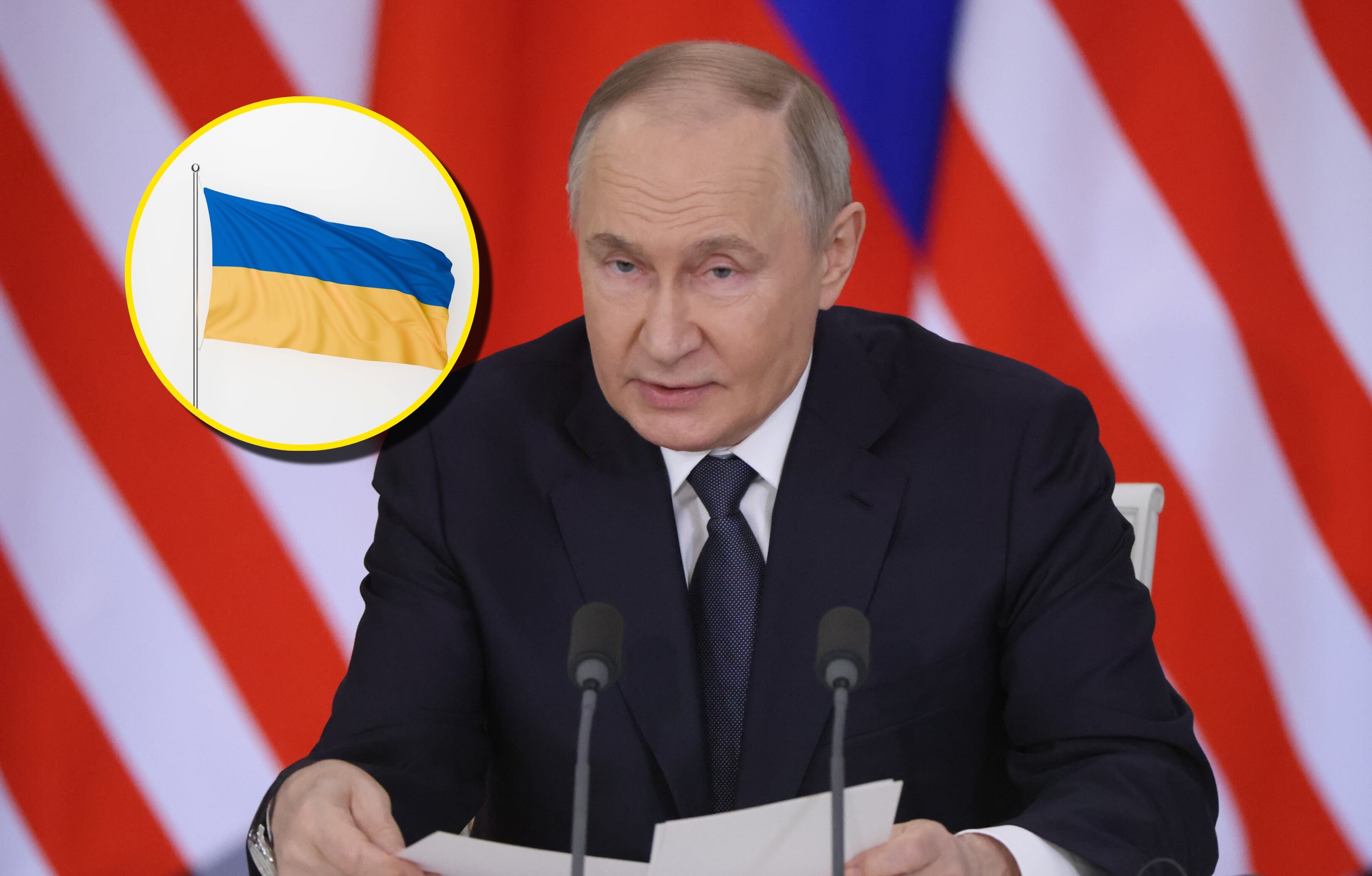 Putin y bandera de Ucrania. Foto: Contributor/ Wong You Liang vía Getty Images