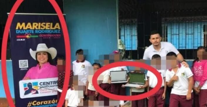 Afiche de la candidata ala Gobernación de Casanare Marisela Duarte junto a niños estudiantes.