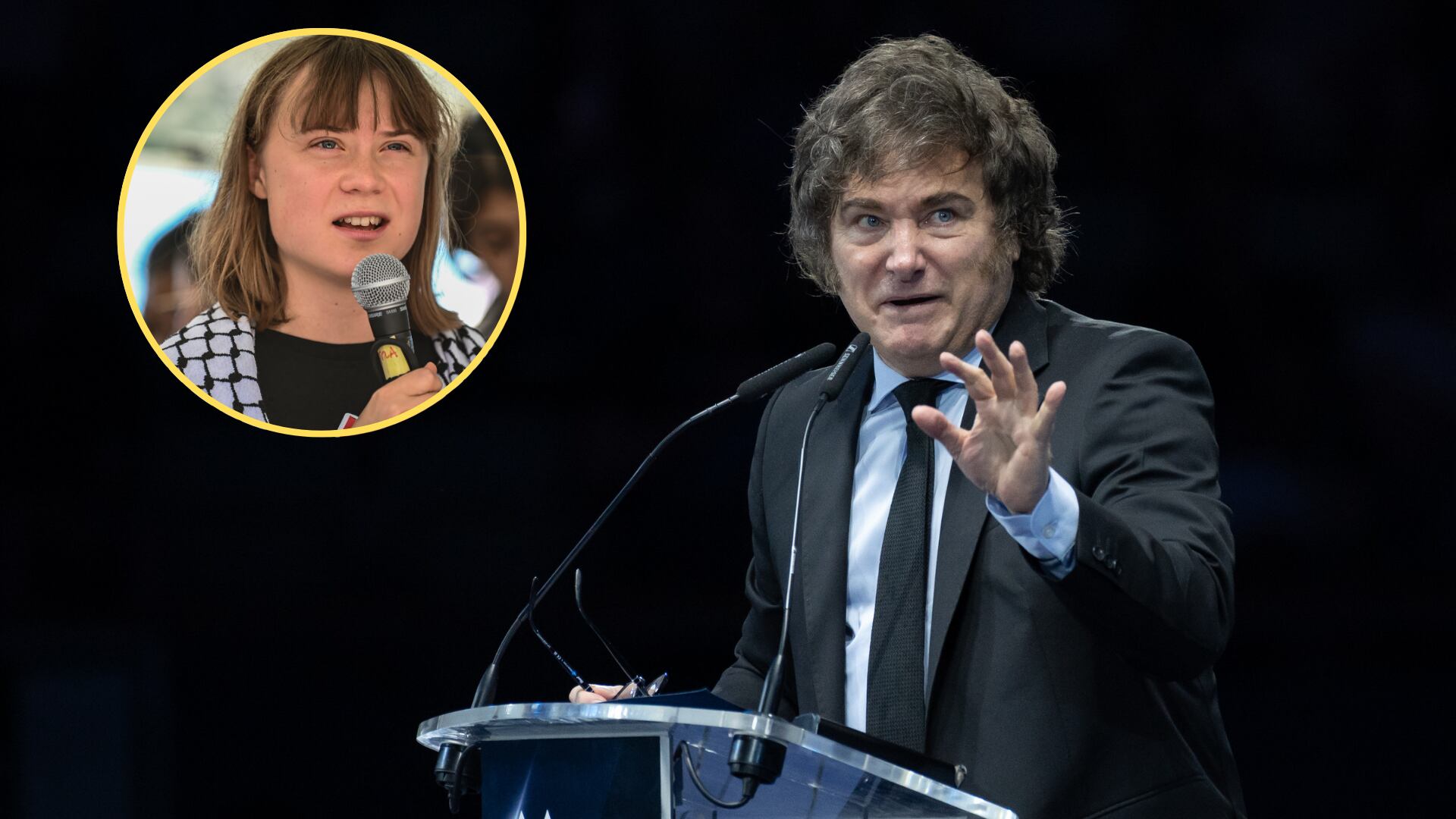 Greta. Foto: Fabrizio Villa/Getty Images - Javier Milei. Foto: Marcos del Mazo/LightRocket via Getty Images.
