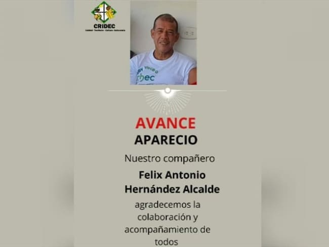 El líder embera chamí fue hallado en la ciudad de Pereira. Foto: Cortesía