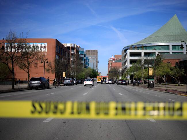 LOUISVILLE, KY - APRIL 10: Crime scene tape cordons off a street as law enforcement officers respond to an active shooter near the Old National Bank building on April 10, 2023 in Louisville, Kentucky. According to initial reports, there are multiple casualties but the shooter is no longer a threat. (Photo by Luke Sharrett/Getty Images)