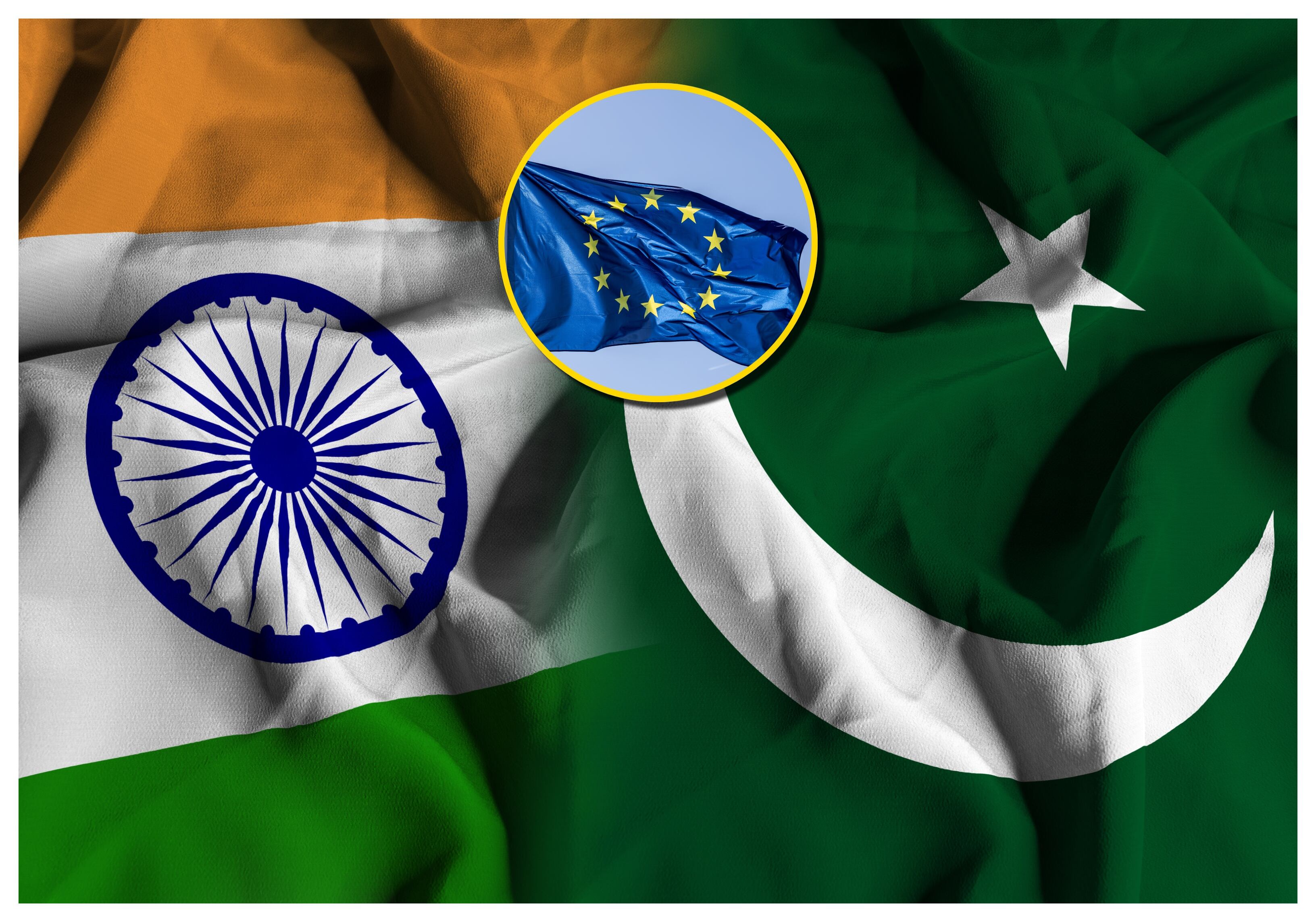 Referencia de crisis en India y Pakistán y bandera de UE. Foto: Manuel Augusto Moreno/fhm via Getty Images.