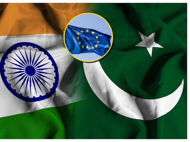Referencia de crisis en India y Pakistán y bandera de UE. Foto: Manuel Augusto Moreno/fhm via Getty Images.