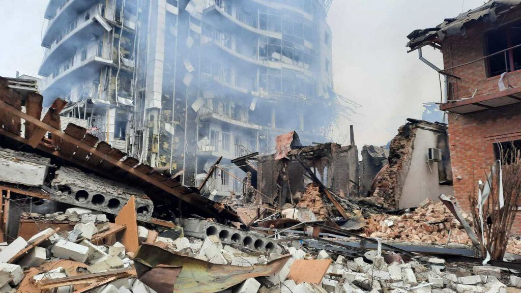 KHARKIV, UKRAINE â MARCH 03: (----EDITORIAL USE ONLY â MANDATORY CREDIT - "STATE EMERGENCY SERVICE OF UKRAINE / HANDOUT" - NO MARKETING NO ADVERTISING CAMPAIGNS - DISTRIBUTED AS A SERVICE TO CLIENTS----) A view of damaged civil settlements after Russian attacks in Kharkiv, Ukraine on March 03, 2022. (Photo by State Emergency Service of Ukraine/Anadolu Agency via Getty Images)
