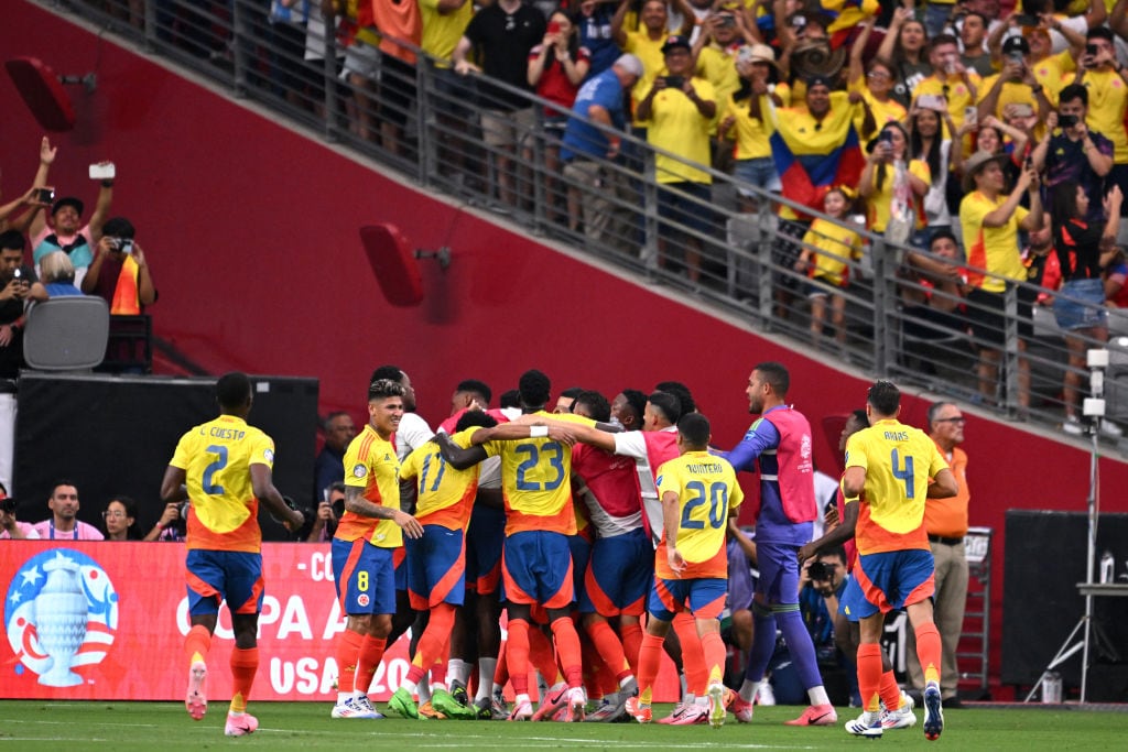 Selección Colombia celebra su victoria 5-0 y su clasificación a las semifinales de la Copa América. Foto: PATRICK T. FALLON/AFP via Getty Images