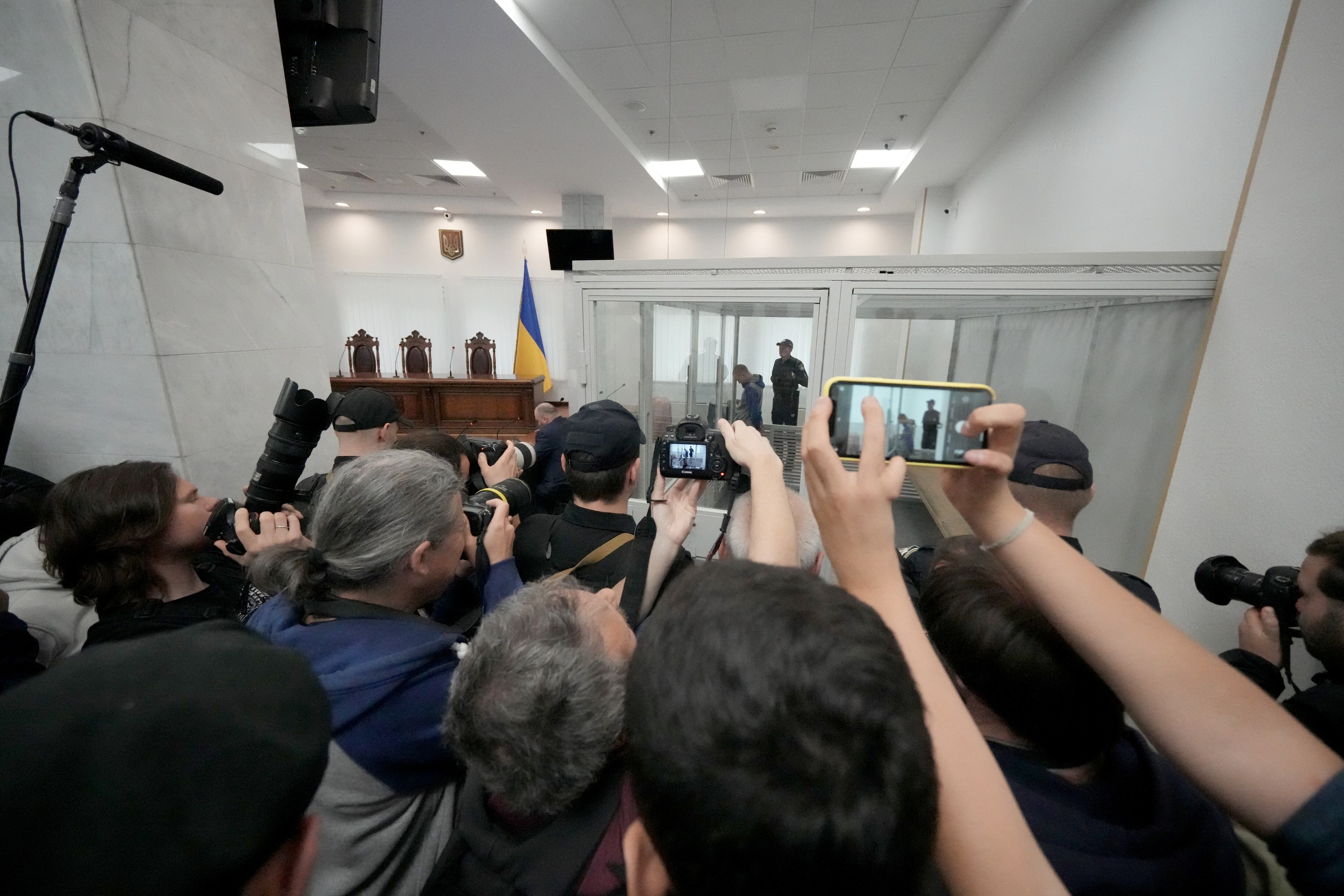 KYIV, UKRAINE – MAY 23:  Sgt. Vadim Shishimarin of the Russian army appears at a sentencing hearing on May 23, 2022 in Kyiv, Ukraine. Sergeant Shishimarin pleaded guilty last week to killing a civilian, Oleksandr Shelipov, in a village in the Sumy region on Feb. 28, days after the start of Russia's invasion of Ukraine.  (Photo by Christopher Furlong/Getty Images)