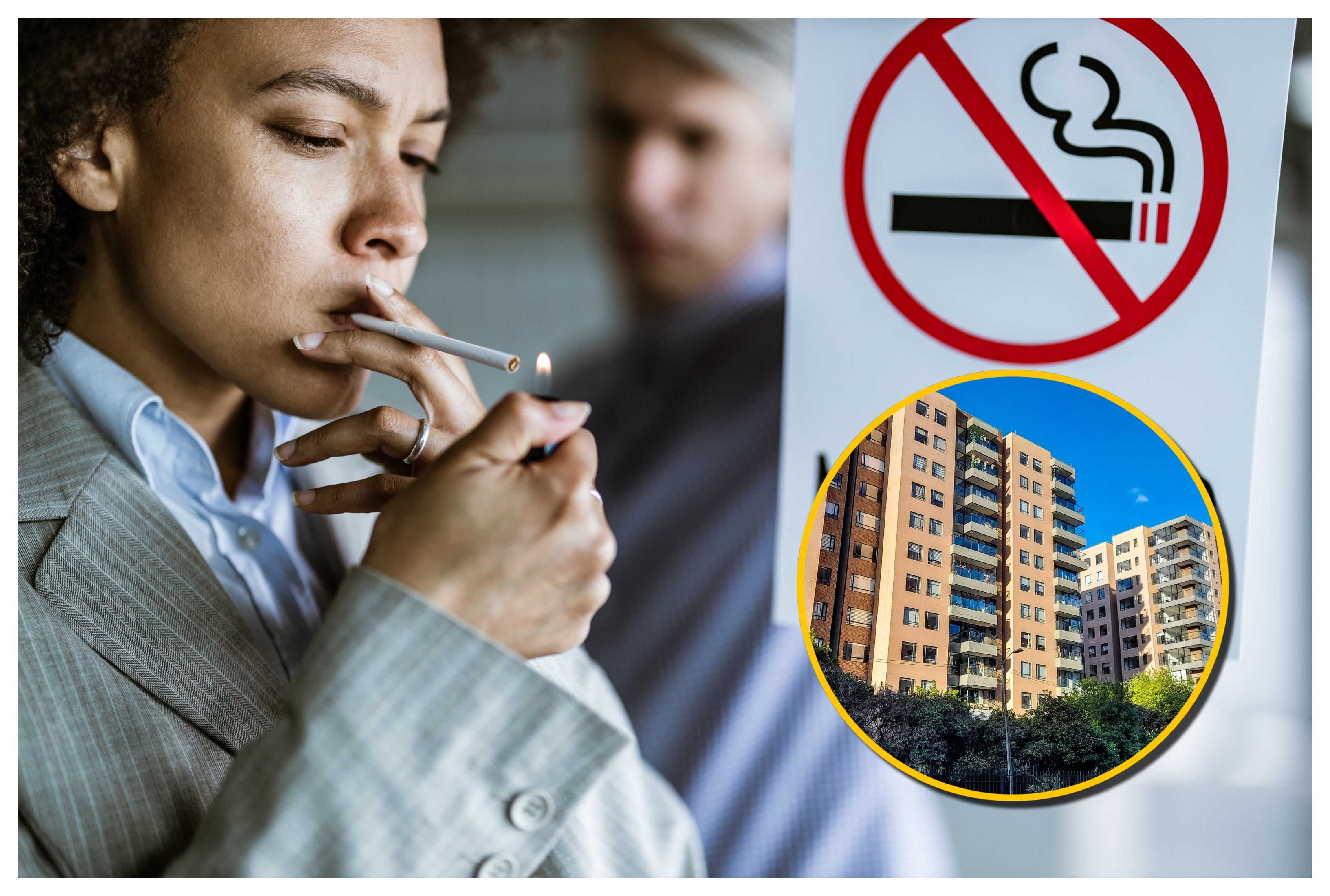 Referencia de fumar en zonas donde está prohibido y edificios. Foto: skynesher y Arturo Rosenow vía Getty Images. 