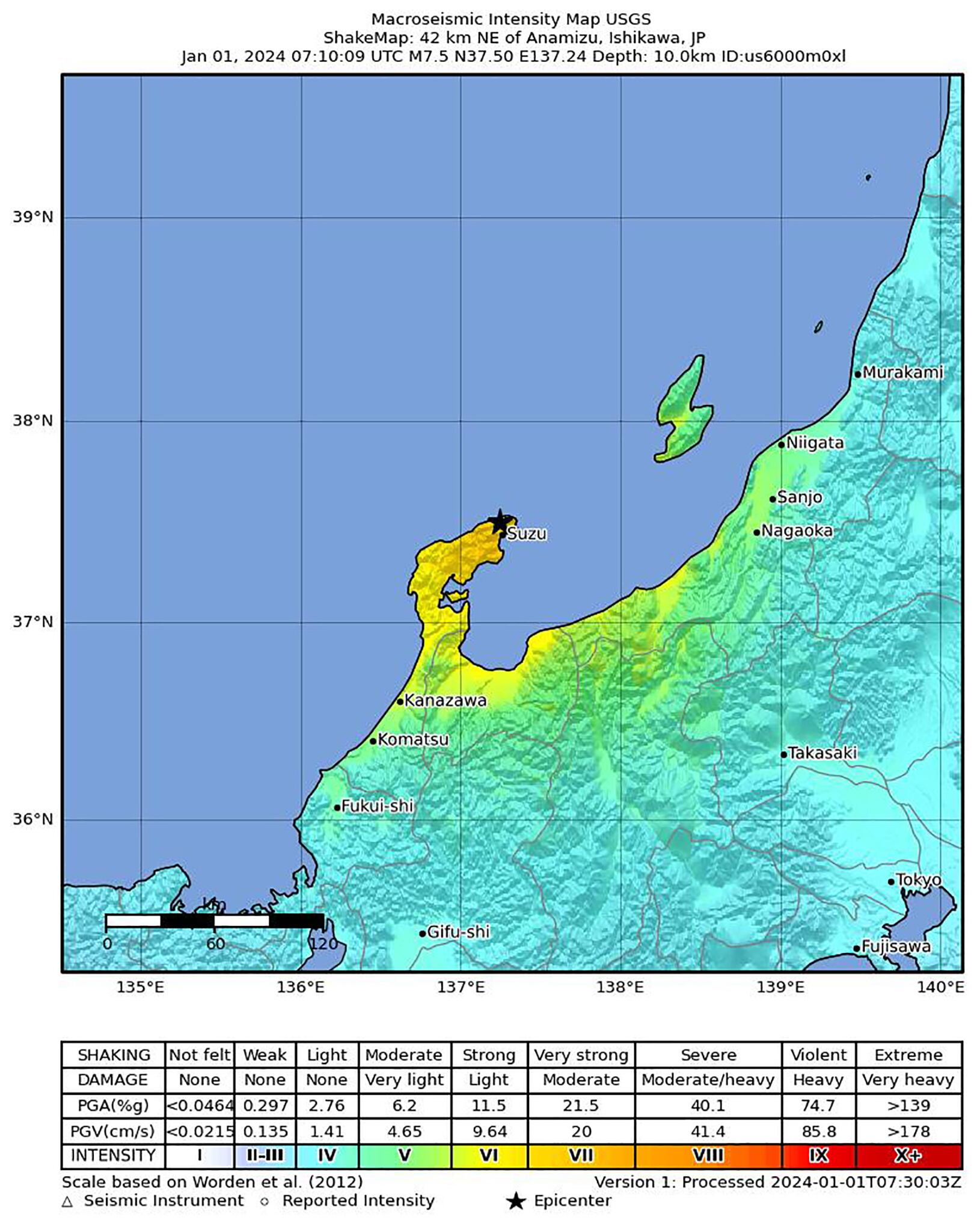 Noto Region (Japan), 01/01/2024.- A handout shakemap made available by the United States Geological Survey (USGS) shows the location of a 7.5-magnitude earthquake hitting the Noto region of Ishikawa Prefecture, central Japan, 01 January 2024. The Japan Meteorological Agency (JMA) said the depth of the epicenter was shallow and a tsunami warning was issued along the country's western coastal regions of for Ishikawa, Niigata, Toyama, Yamagata, Fukui and Hyogo. (Terremoto/sismo, Japón, Estados Unidos) EFE/EPA/USGS HANDOUT HANDOUT EDITORIAL USE ONLY/NO SALES HANDOUT EDITORIAL USE ONLY/NO SALES