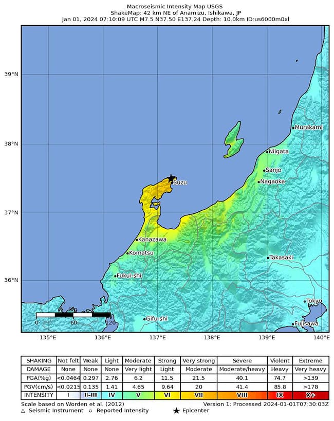 Noto Region (Japan), 01/01/2024.- A handout shakemap made available by the United States Geological Survey (USGS) shows the location of a 7.5-magnitude earthquake hitting the Noto region of Ishikawa Prefecture, central Japan, 01 January 2024. The Japan Meteorological Agency (JMA) said the depth of the epicenter was shallow and a tsunami warning was issued along the country's western coastal regions of for Ishikawa, Niigata, Toyama, Yamagata, Fukui and Hyogo. (Terremoto/sismo, Japón, Estados Unidos) EFE/EPA/USGS HANDOUT HANDOUT EDITORIAL USE ONLY/NO SALES HANDOUT EDITORIAL USE ONLY/NO SALES