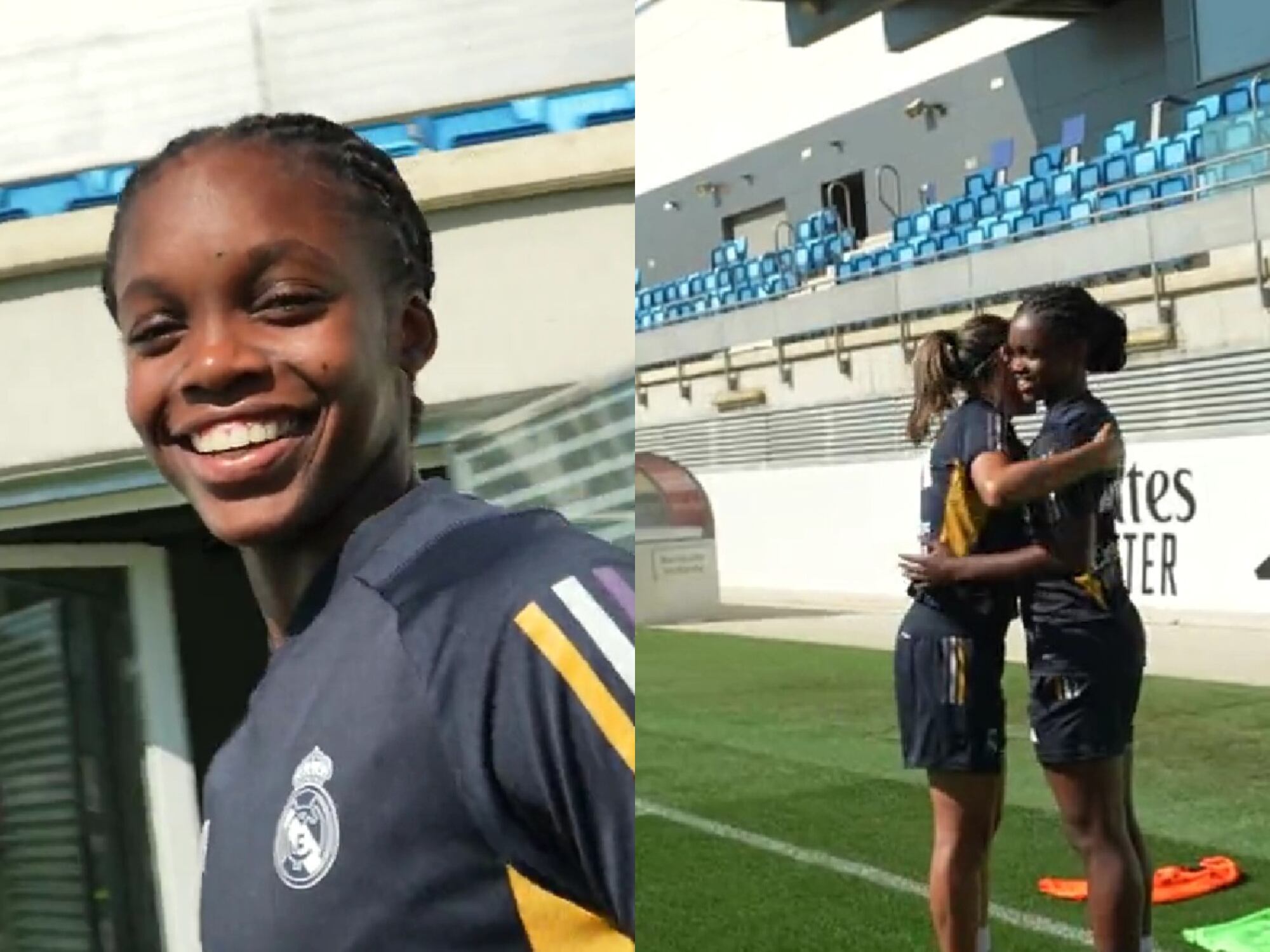 Linda Caicedo es recibida por sus compañeras de equipo del Real Madrid tras la actuación de la jugadora con Colombia en el Mundial femenino 2023. Fotos: capturas de pantalla video Twitter oficial Real Madrid femenino.