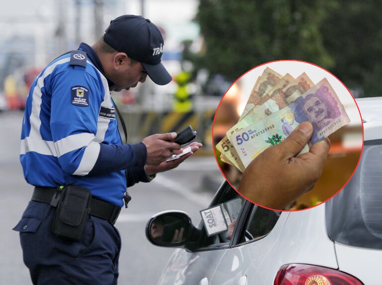 Autoridad de movilidad revisando papeles (Colprensa) / Dinero colombiano (Getty Images)