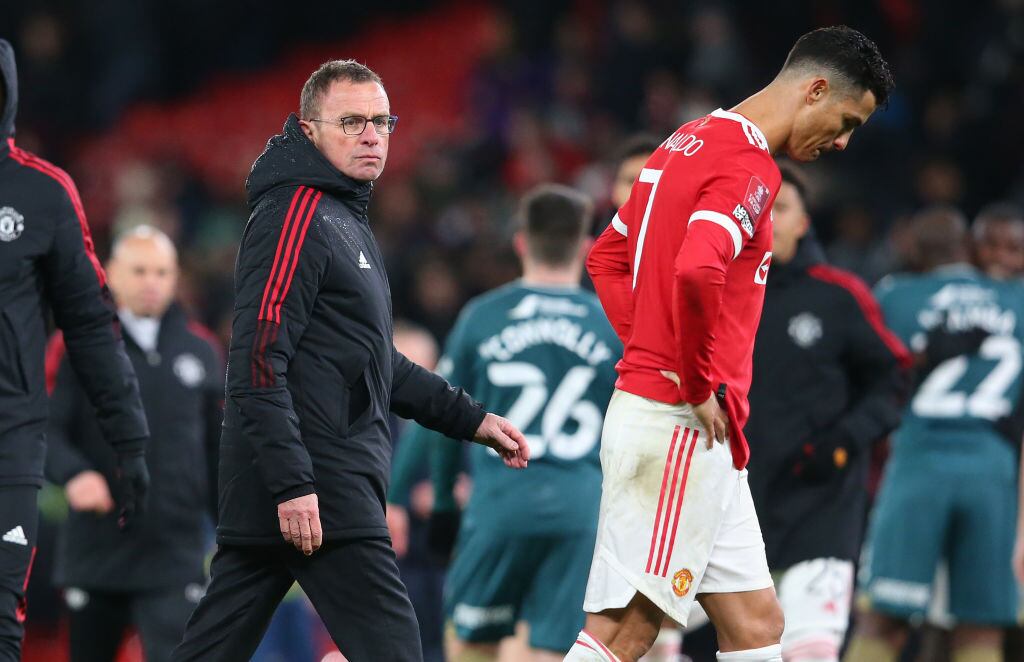 Ralf Rangnick, Técnico del Manchester United y Cristiano Ronaldo. (Photo by Alex Livesey/Getty Images)