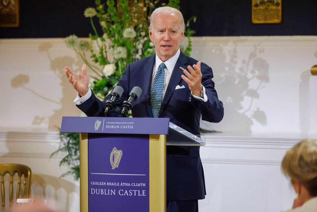DUBLIN, IRELAND - APRIL 13: In this handout image provided by the Irish Government, US President Joe Biden speaks at the official banquet dinner at Dublin Castle on April 13, 2023 in Dublin, Ireland. US President Joe Biden has travelled to Northern Ireland and Ireland with his sister Valerie Biden Owens and son Hunter Biden to explore his family's Irish heritage and mark the 25th Anniversary of the Good Friday Peace Agreement. (Photo by Julien Behal/Irish Government via Getty Images)
