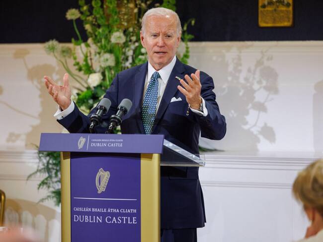 DUBLIN, IRELAND - APRIL 13: In this handout image provided by the Irish Government, US President Joe Biden speaks at the official banquet dinner at Dublin Castle on April 13, 2023 in Dublin, Ireland. US President Joe Biden has travelled to Northern Ireland and Ireland with his sister Valerie Biden Owens and son Hunter Biden to explore his family's Irish heritage and mark the 25th Anniversary of the Good Friday Peace Agreement. (Photo by Julien Behal/Irish Government via Getty Images)