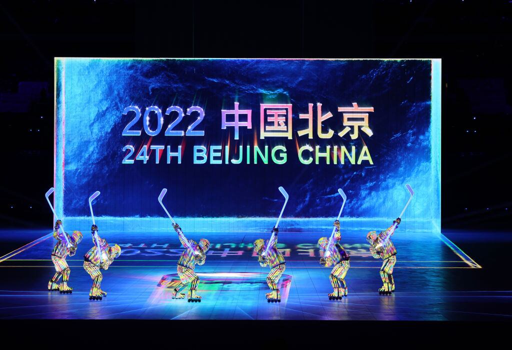 BEIJING, CHINA - FEBRUARY 04: Performers dressed as hockey players perform during the Opening Ceremony of the Beijing 2022 Winter Olympics at the Beijing National Stadium on February 04, 2022 in Beijing, China. (Photo by Lintao Zhang/Getty Images)