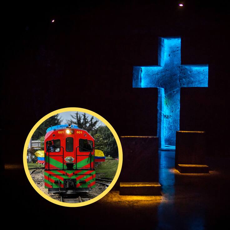 Figura de una cruz en la Catedral de Sal de Zipaquirá. En el círculo, la imagen del Tren de La Sabana (Fotos vía GettyImages)