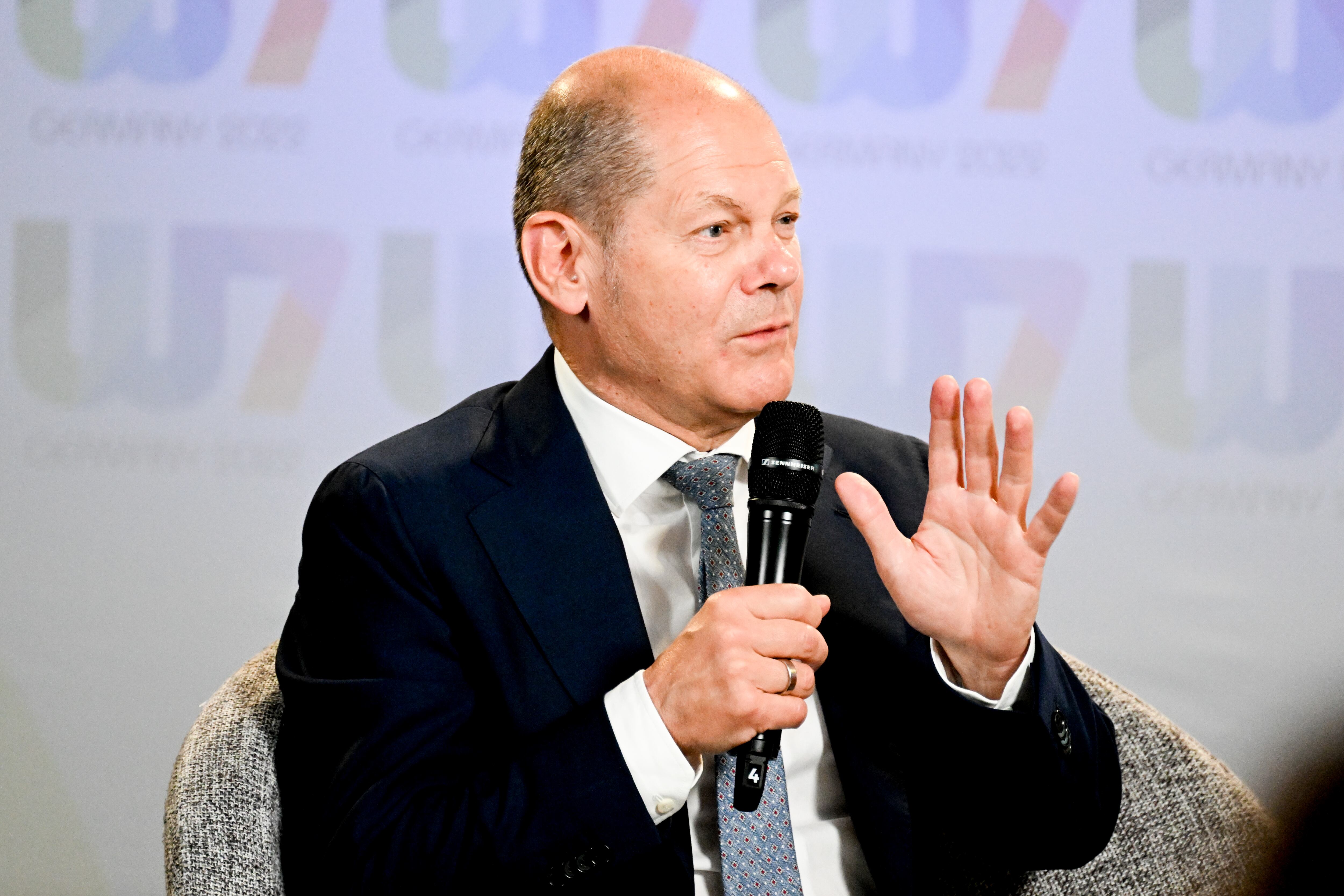 BERLIN, GERMANY - MAY 25: German Chancellor Olaf Scholz speaks during the 'Women7-Summit' on May 25, 2022 in Berlin, Germany. The Women7-Summit 2022 is part of Germany's G7 presidency. (Photo by Filip Singer - Pool/Getty Images)