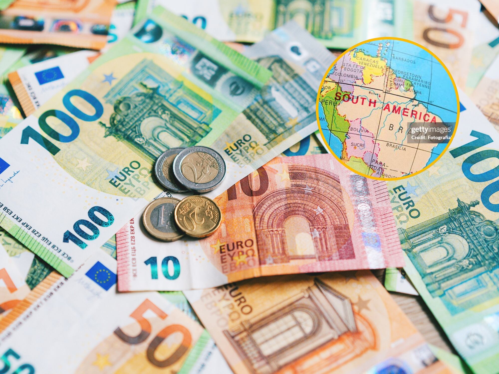 Euros y mapa de Sudamérica. Fotos: Getty Images.