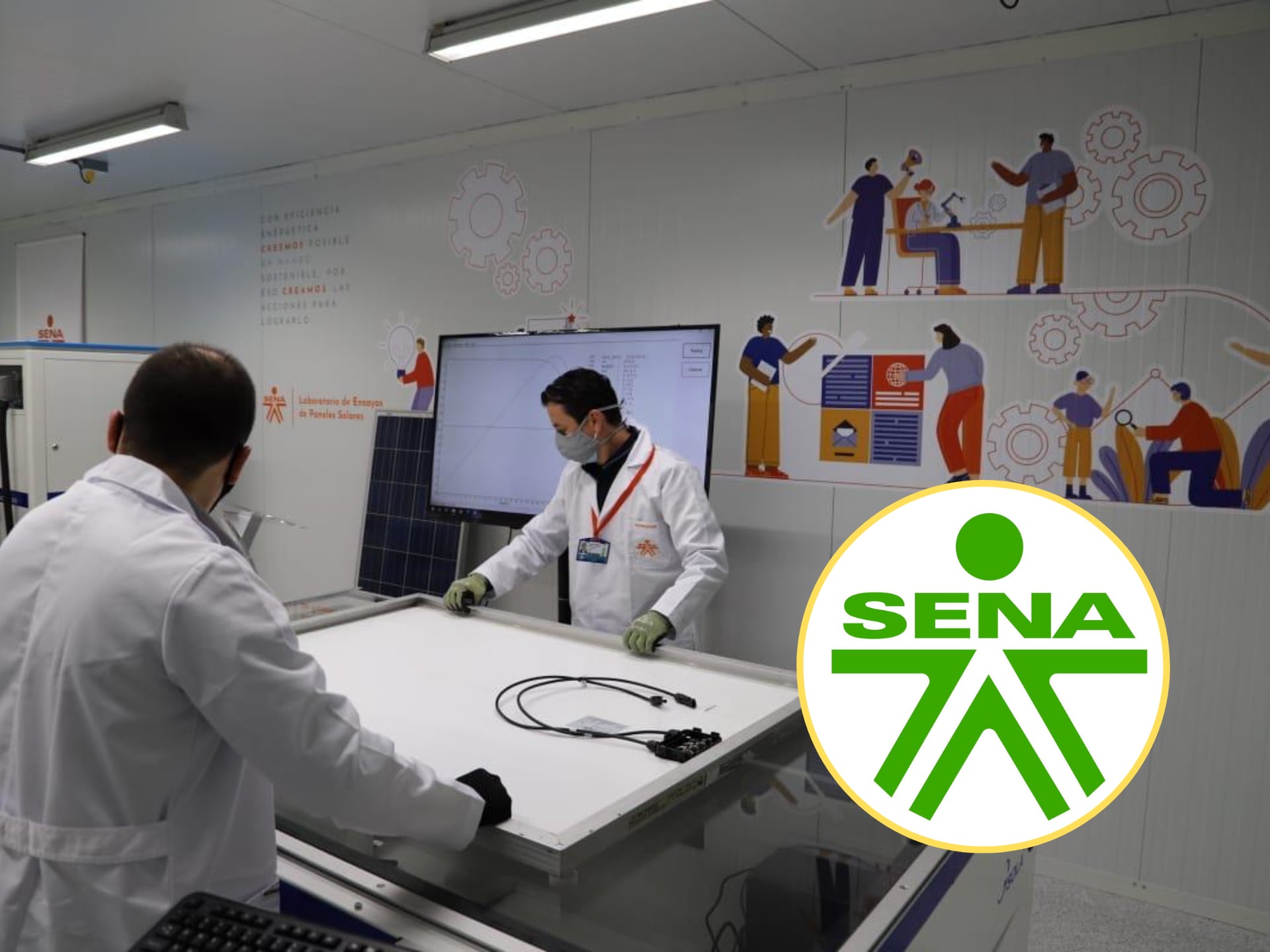 De fondo, estudiantes en un laboratorio del Sena. En el círculo, el logo de la entidad / Fotos: Colprensa y redes sociales