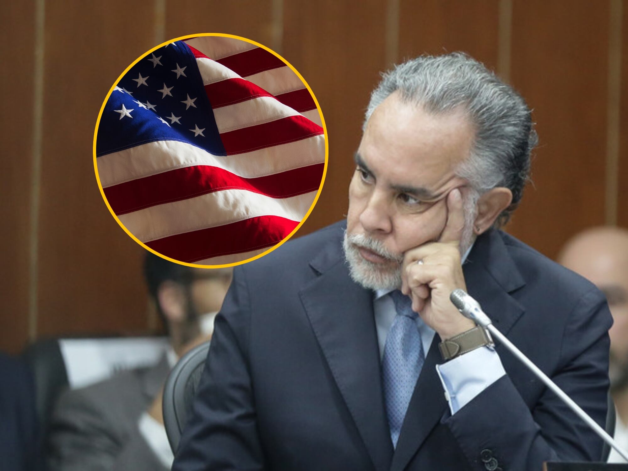 Armando Benedetti y bandera de Estados Unidos. Foto: (Colprensa-Catalina Olaya) / Getty Images
