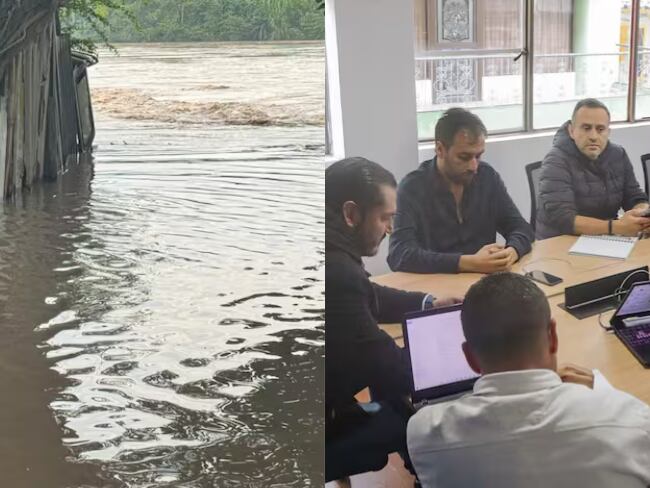 Alto nivel del río Magdalena (foto izquierda) y consejo de gestión del riesgo en Neira (foto derecha). Fotos suministradas.