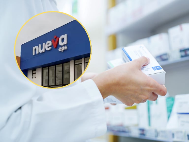 Entrega de medicamentos y al lado el logo de la Nueva EPS (Foto: Getty Images)