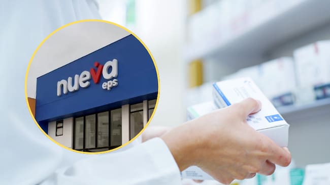 Entrega de medicamentos y al lado el logo de la Nueva EPS (Foto: Getty Images)