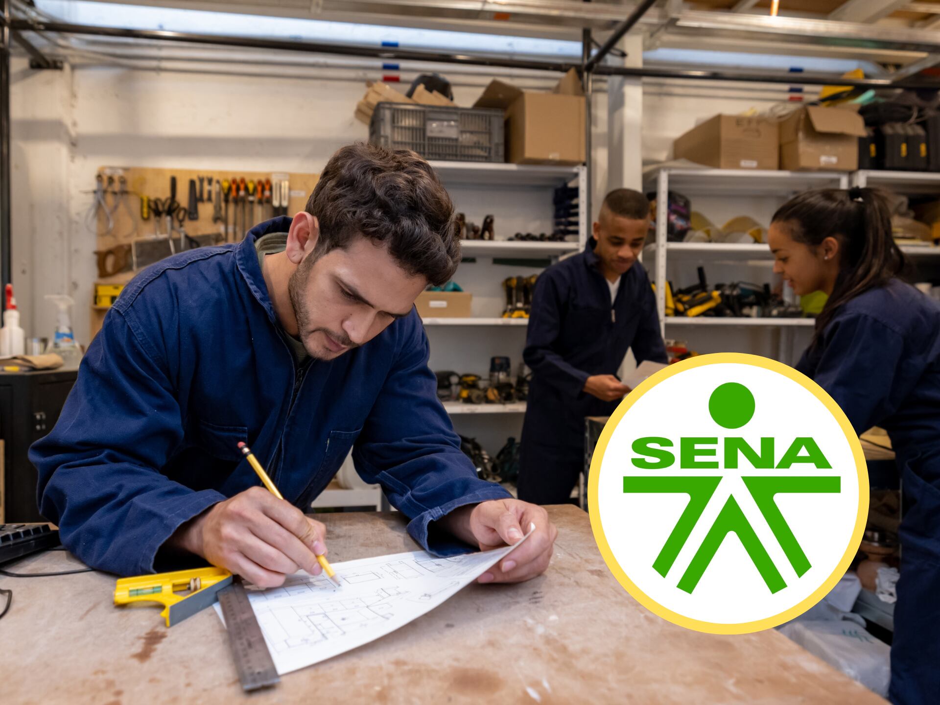 Jóvenes trabajando en un taller, encima el logo del SENA (GettyImages / redes sociales)