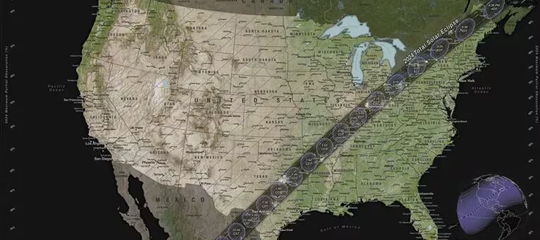 La trayectoria de los contornos totales y parciales que cruzan los EE. UU. para el eclipse solar total de 2024 que tendrá lugar el 8 de abril de 2024 - crédito Nasa