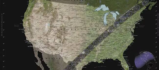 La trayectoria de los contornos totales y parciales que cruzan los EE. UU. para el eclipse solar total de 2024 que tendrá lugar el 8 de abril de 2024 - crédito Nasa