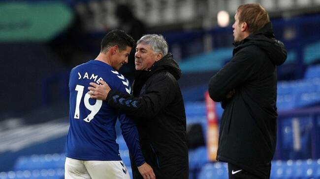 Futbolista James Rodríguez y entrenador Carlo Ancelotti. Foto: Jan Kruger/Getty Images