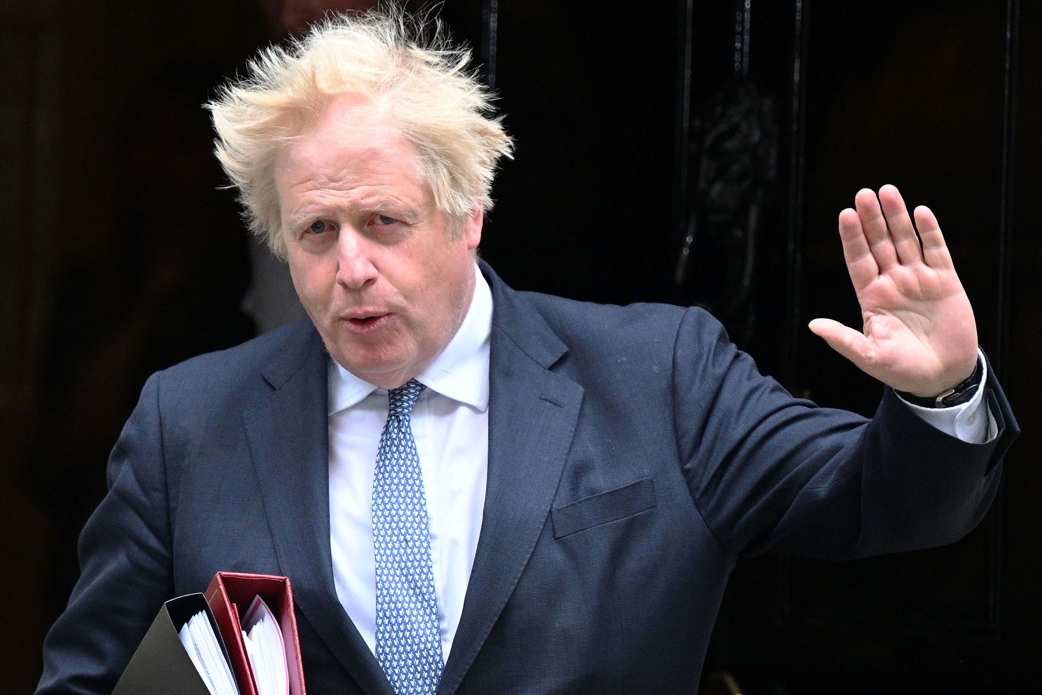 LONDON, ENGLAND - MAY 25: Prime Minister Boris Johnson departs 10 Downing Street for PMQs on May 25, 2022 in London, England. Boris Johnson holds his first Prime Minister's Questions since the Sue Gray Report into "Partygate" has been made public. (Photo by Leon Neal/Getty Images)