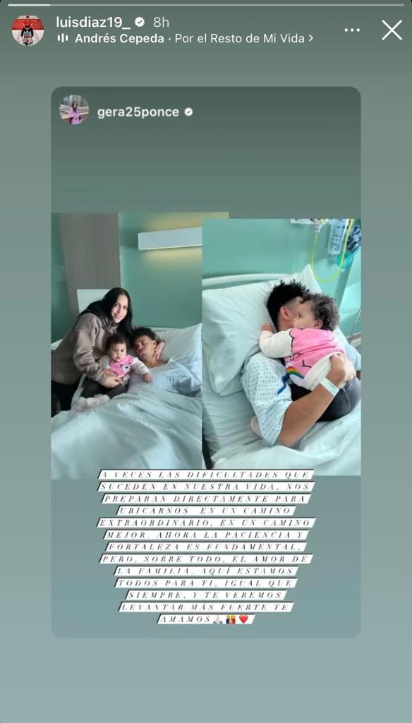 Luis Díaz su hija y su esposa en un hospital en lo que parece ser el momento pos operación del futbolista colombiano. Foto: Instagram Gera Ponce e Instagram Luis Díaz.