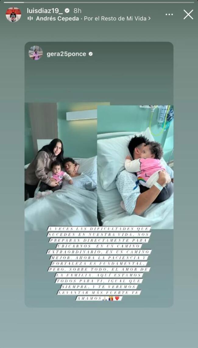 Luis Díaz su hija y su esposa en un hospital en lo que parece ser el momento pos operación del futbolista colombiano. Foto: Instagram Gera Ponce e Instagram Luis Díaz.