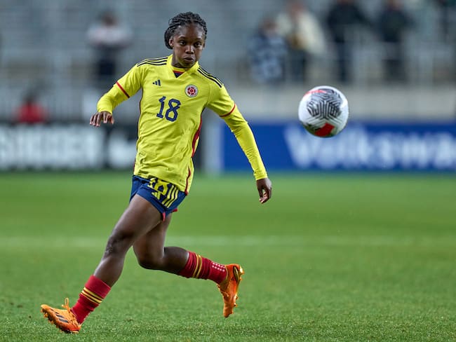 SANDY, UTAH - OCTOBER 26: Linda Caicedo #18 of Colombia dribbles the ball on in action during an International Friendly match between the United States and Colombia at America First Field on October 26, 2023 in Sandy, Utah. (Photo by Robin Alam/ISI Photos/USSF/Getty Images)