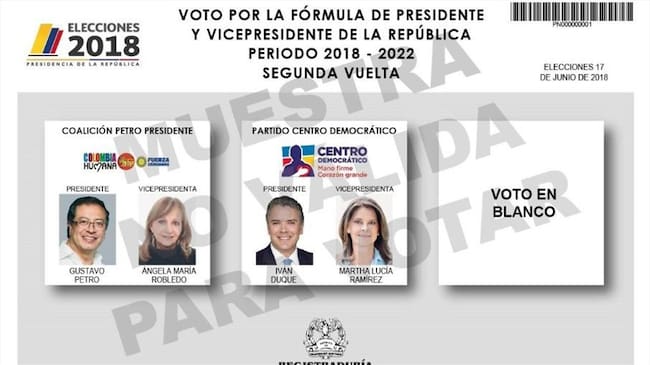 Así será el tarjetón para la segunda vuelta. Foto: Twitter @Registraduria