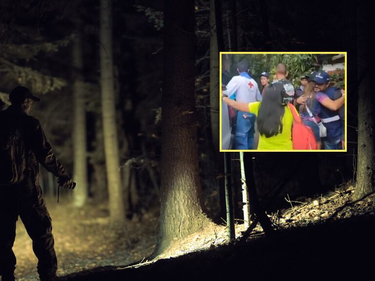 Persona haciendo una búsqueda en un bosque y al lado el personal de búsqueda de Cristian Alexander Muñoz en Cali